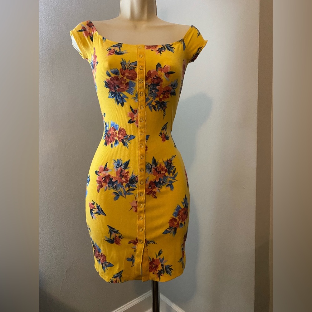 Guess Yellow Floral Button Front Knit Mini Dress XS